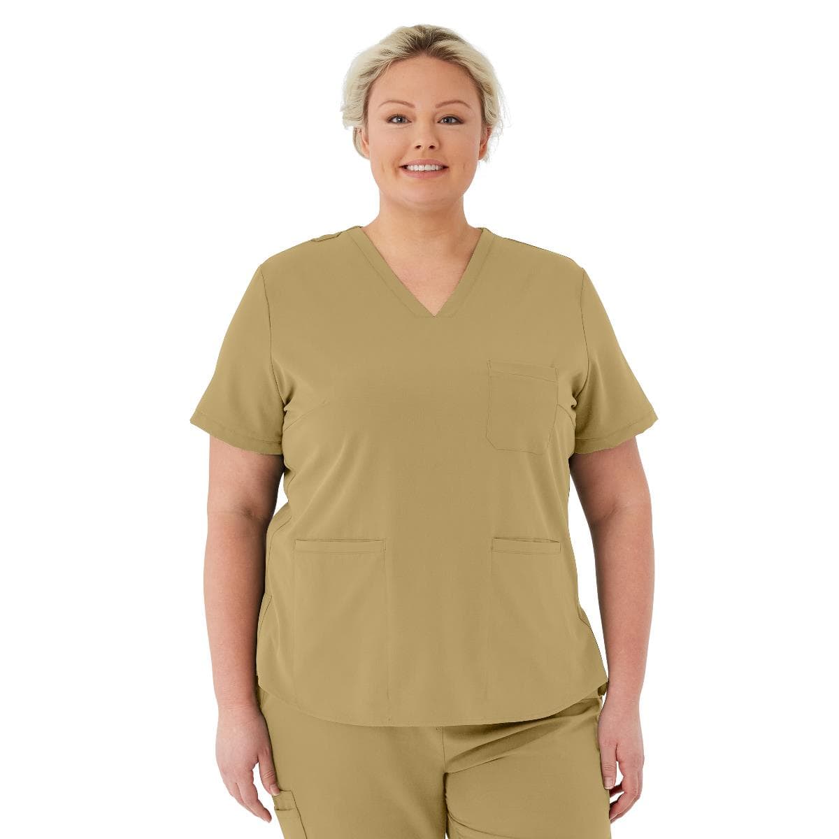 Medline Lexington AVE Women's V-Neck Scrub Tops with 3 Pockets, Khaki, Extra Large - Image 1