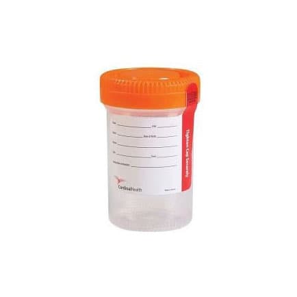 Cardinal Plain Specimen Container, Transparent with Orange Cap, 90 mL - Package of 100 - Image 1