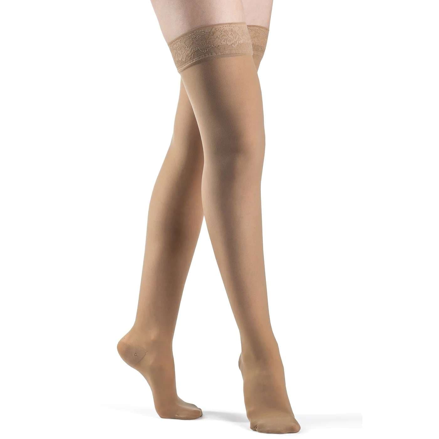 Sigvaris Style Sheer Thigh High with Grip-Top  Compression Stocking 20-30 mmHg, Closed Toe, Small-Short, Suntan - Pair - Image 1