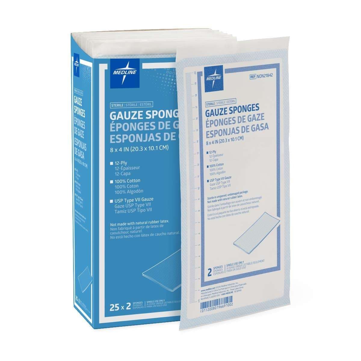 Medline USP Type VII Gauze Sponge White Square, 12 Ply, 8 x 4 Inch - Case of 1000 - Image 1
