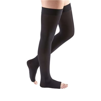 Mediven Comfort Thigh High 15-20mmHg Compression Stocking with Silicone Beaded Top Band Standard, Open Toe, Ebony, SIze V - Pair - Image 1