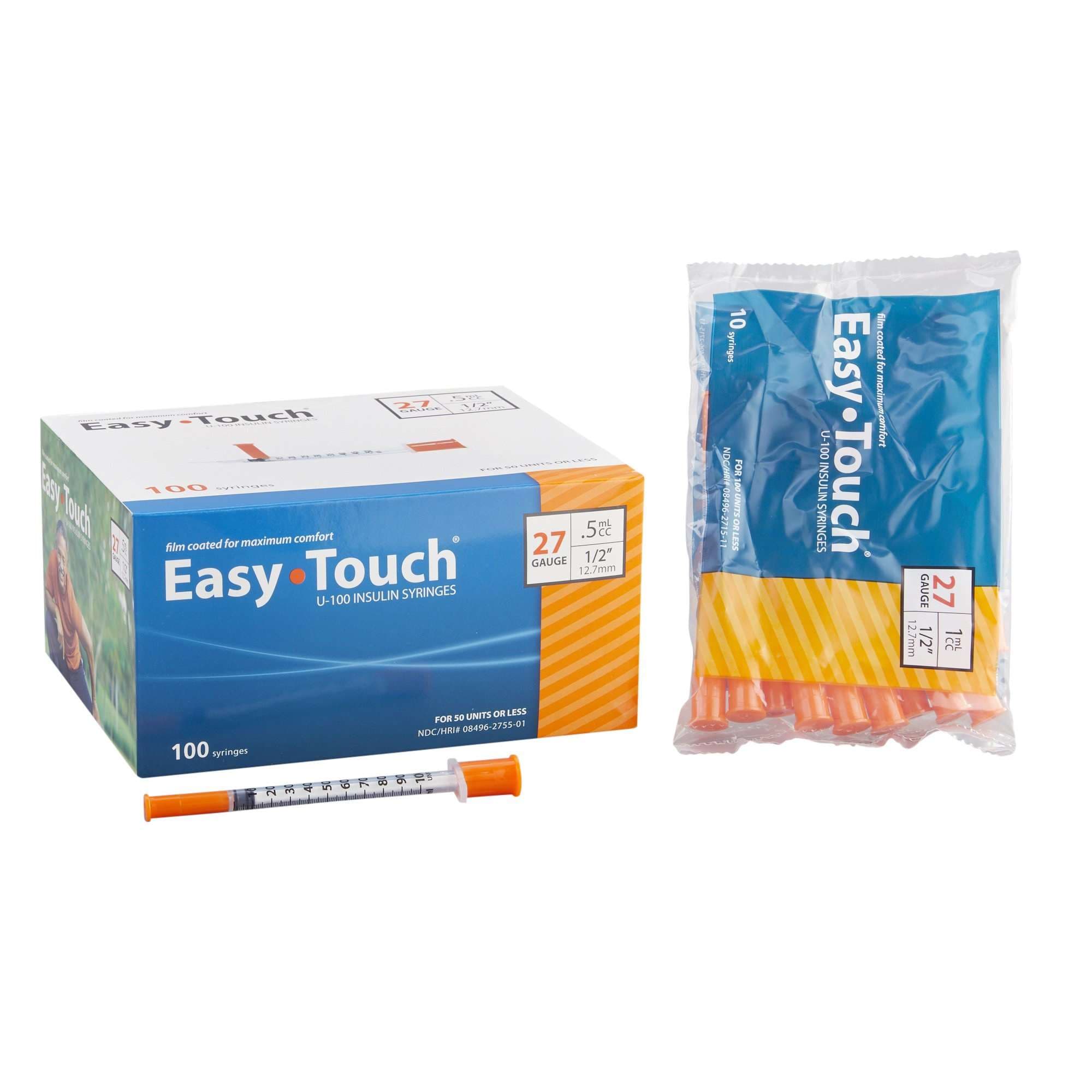 EasyTouch Standard Insulin Syringe with Needle, U-100 Insulin, 1 ml, 27 Gauge, 1/2 Inch, Poly Bag - Case of 500 - Image 1