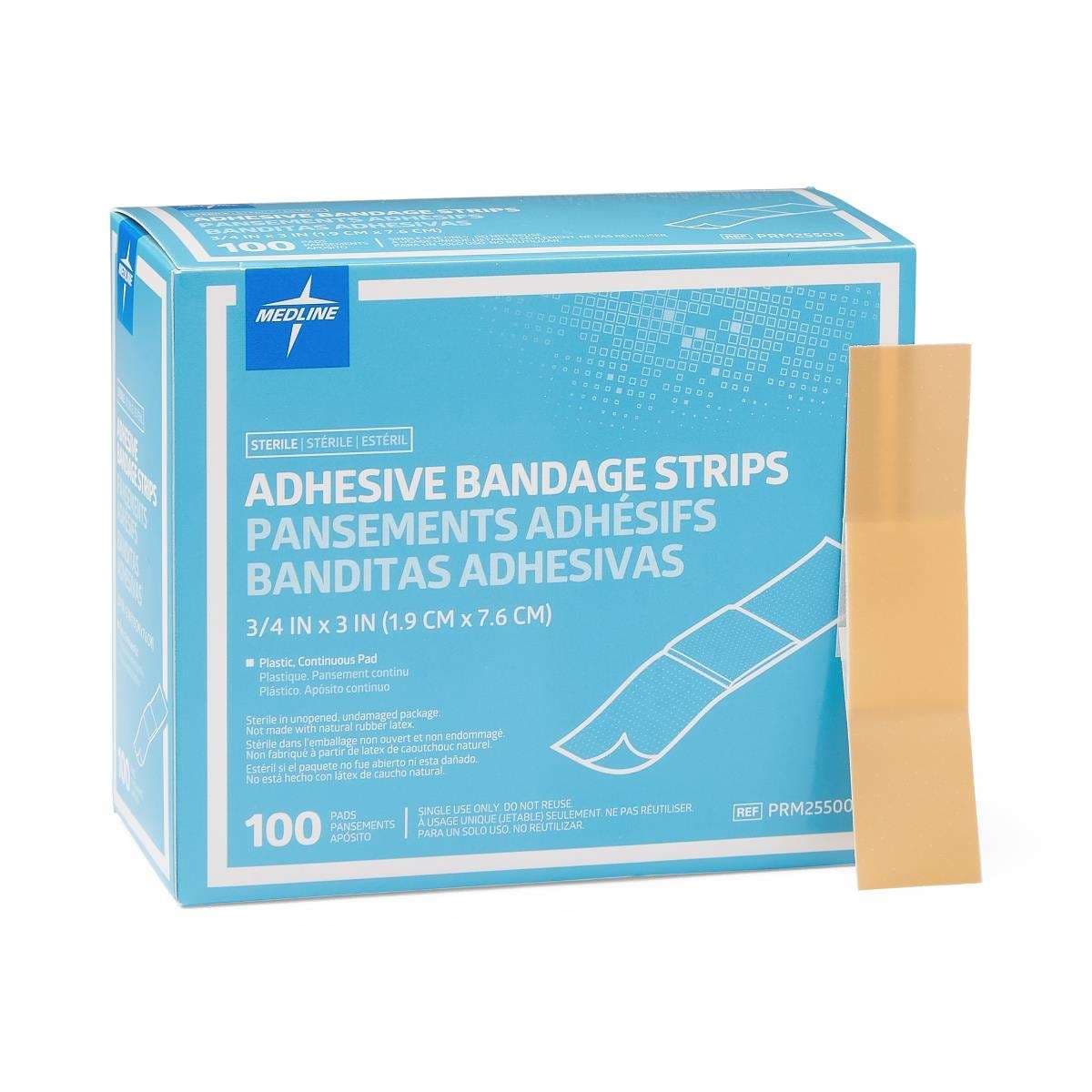 Medline Plastic Adhesive Bandages, 0.75 x 3 Inch - Box of 100 - Image 1
