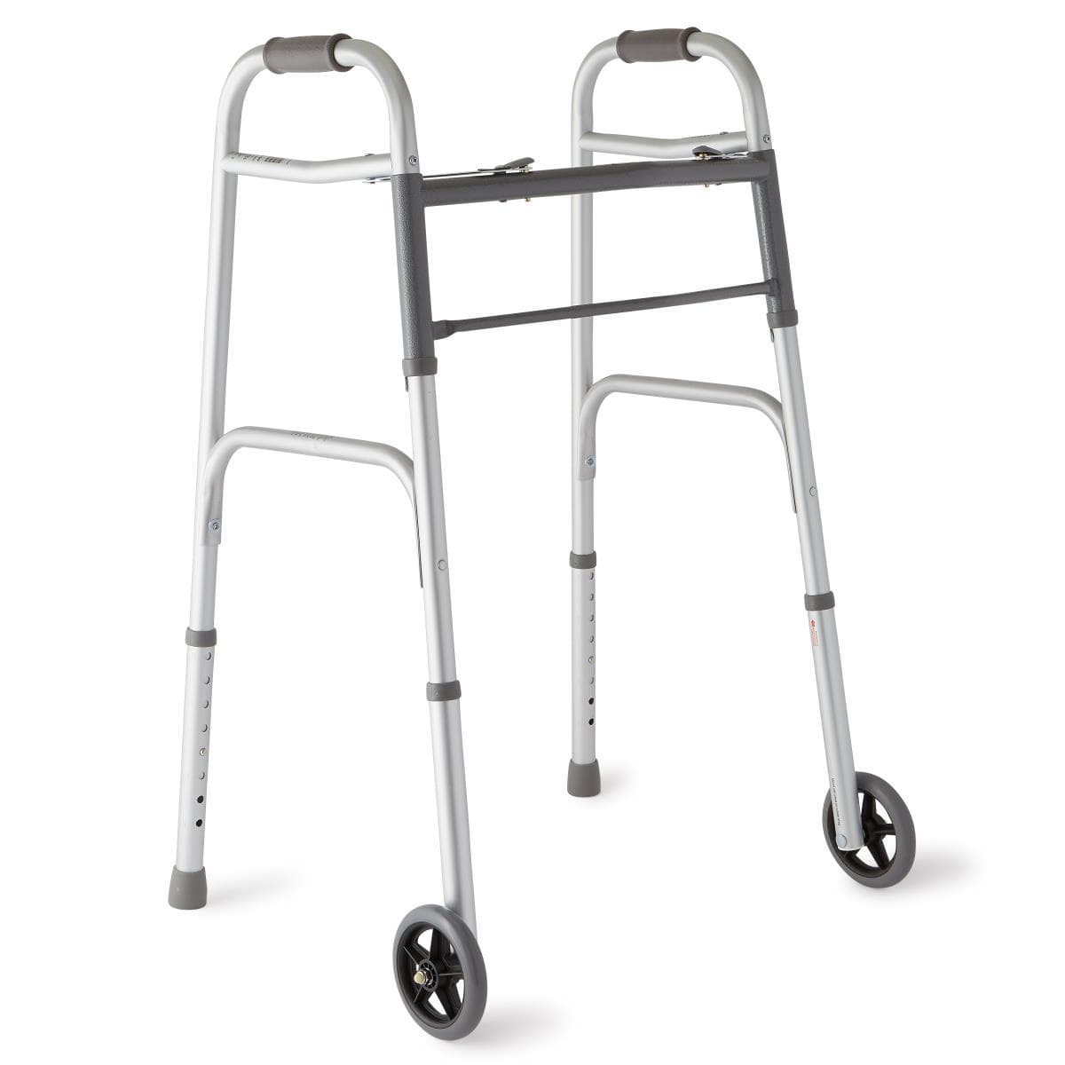 Medline Two-Button Folding Walker with 5" Wheels, Aluminum - Each - Image 1