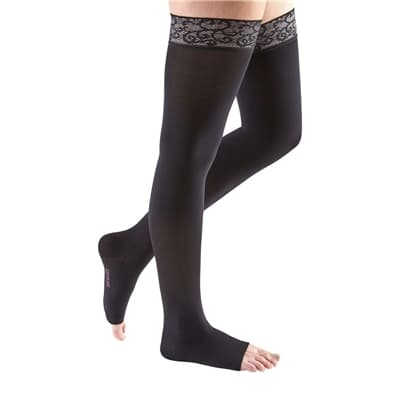 Mediven Comfort Thigh High 30-40mmHg Compression Stocking with Lace Silicone Top Band Petite, Open Toe, Ebony, SIze VI - Pair - Image 1