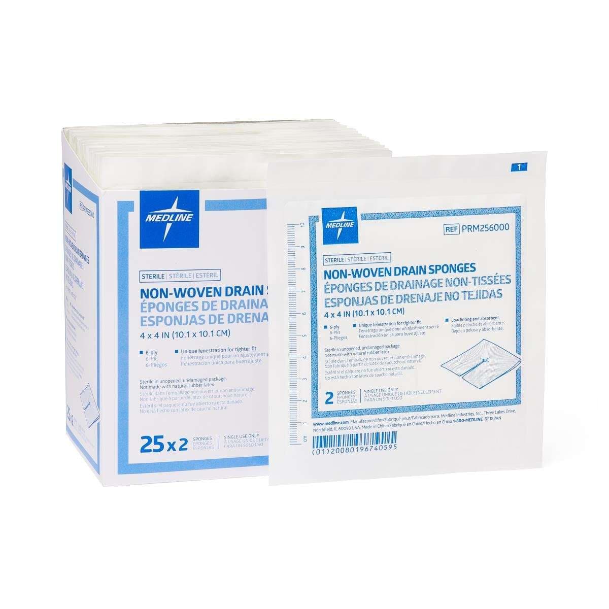 Medline Sterile Nonwoven Gauze Drain Sponges, 4 x 4 Inch - Carton of 600 - Image 1