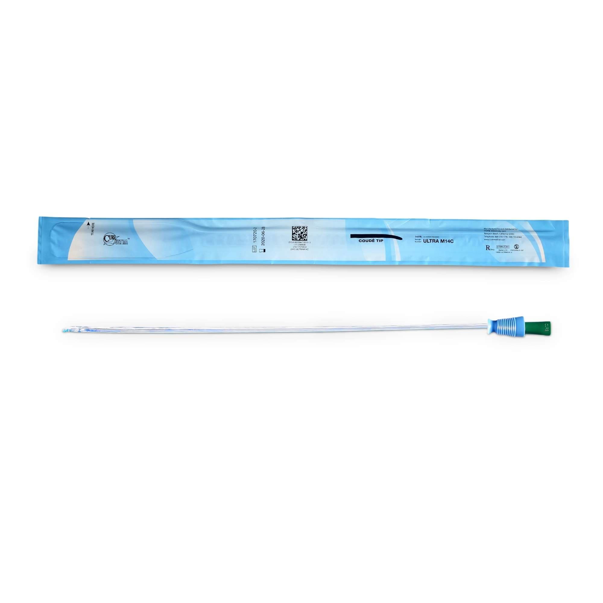 Cure Ultra Ready-to-Use Intermittent Catheter for Men, Coude Tip, Size 14, 14 Fr - Case of 300 - Image 1