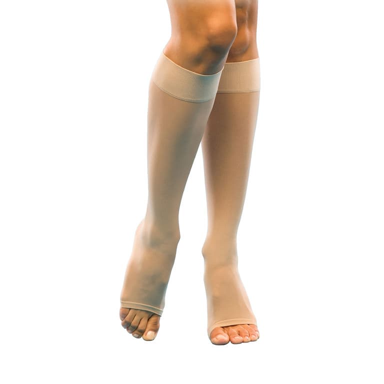 Sigvaris Sheer Fashion Knee High Compression Socks 15-20mmHg, Open Toe, Size A, Natural - Pair - Image 1