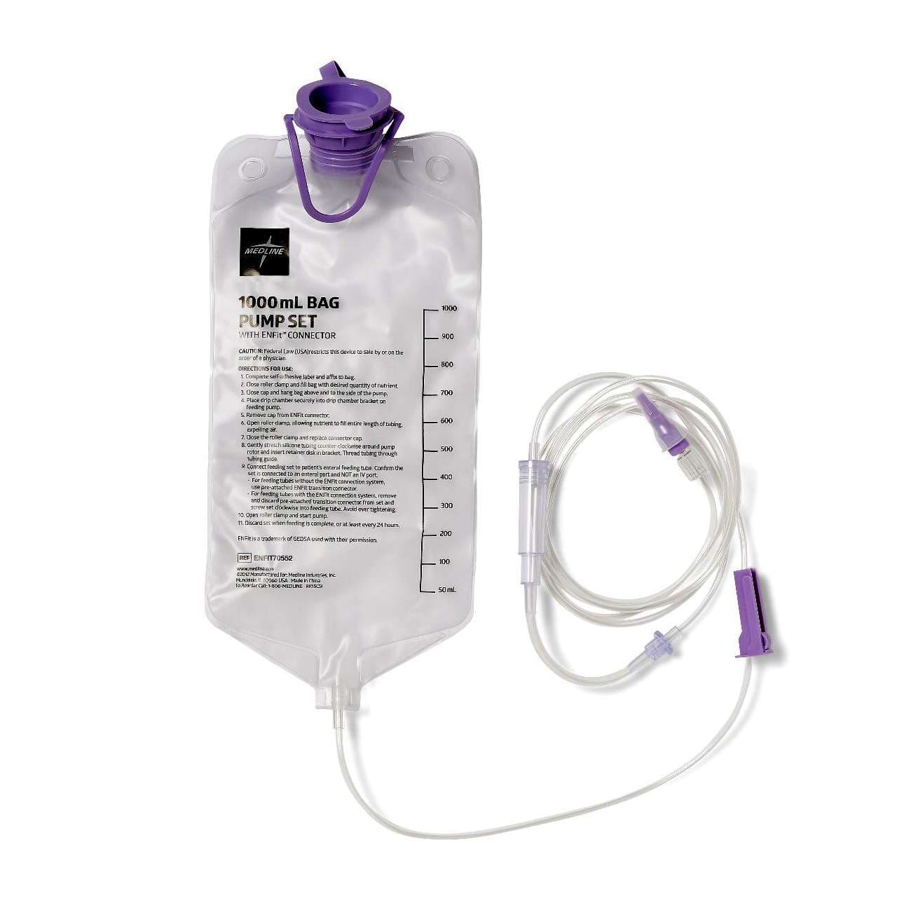 Medline EntraFlo Enteral Feeding Pump Bag Set with ENFit Connector, 1000 mL - Case of 30 - Image 1