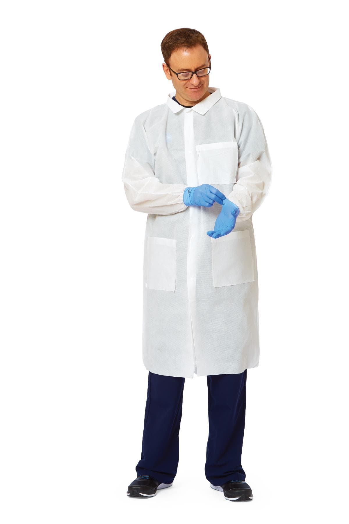 Medline Disposable Knit-Cuff Multilayer SMS Lab Coat with Traditional Collar, White, M - Case of 30 - Image 1