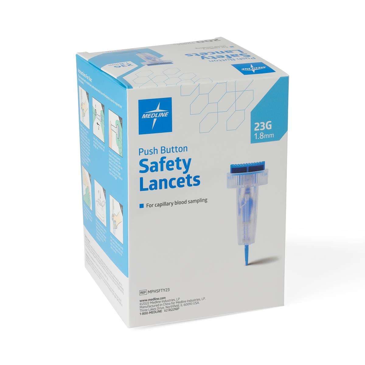 Medline Sterile Safety Lancets, with Push-Button Activation, 23G x 1.8 mm - Box of 200 - Image 1