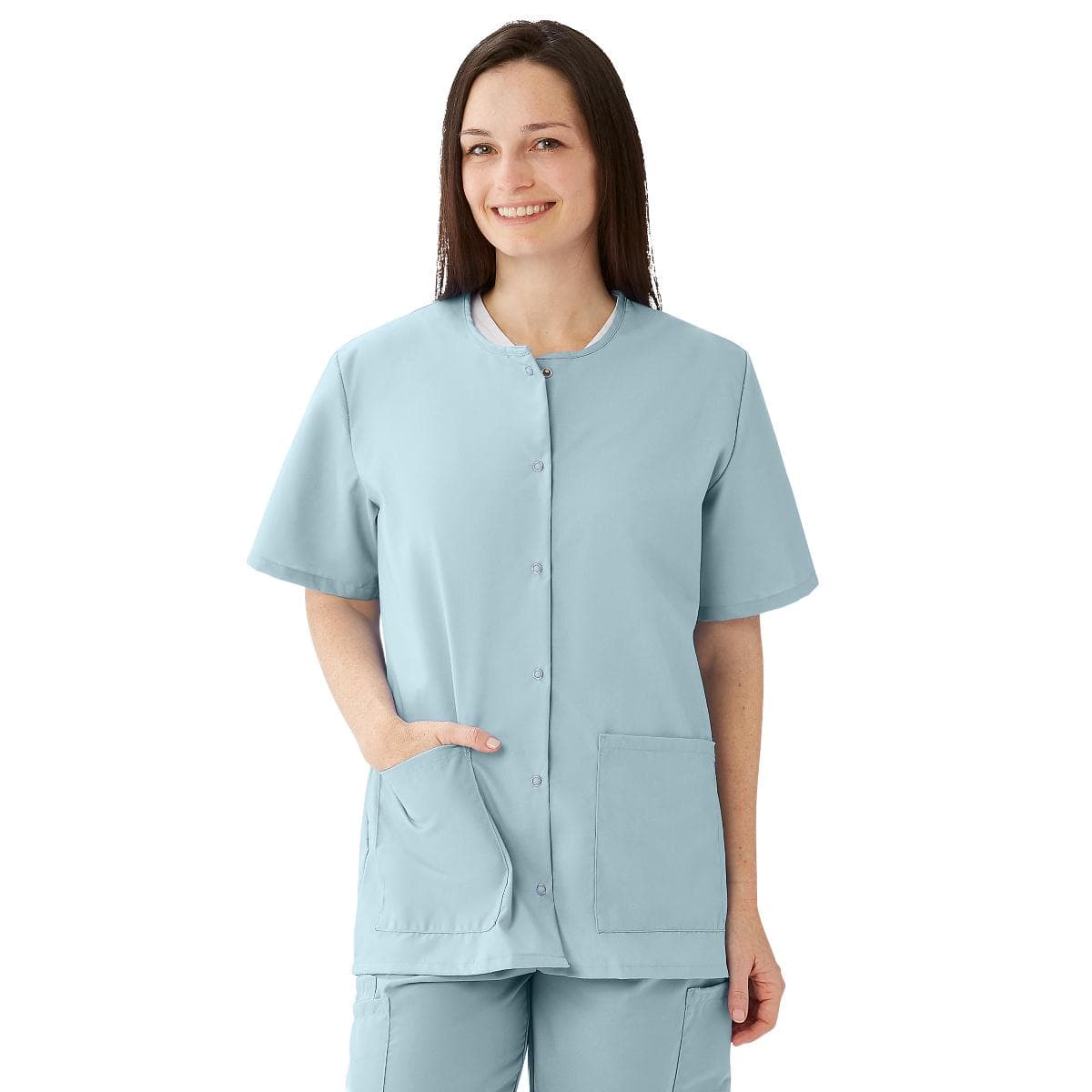 Medline Womens Snap-front Jewel-neckline Scrub Top, Misty Green, Small - Image 1