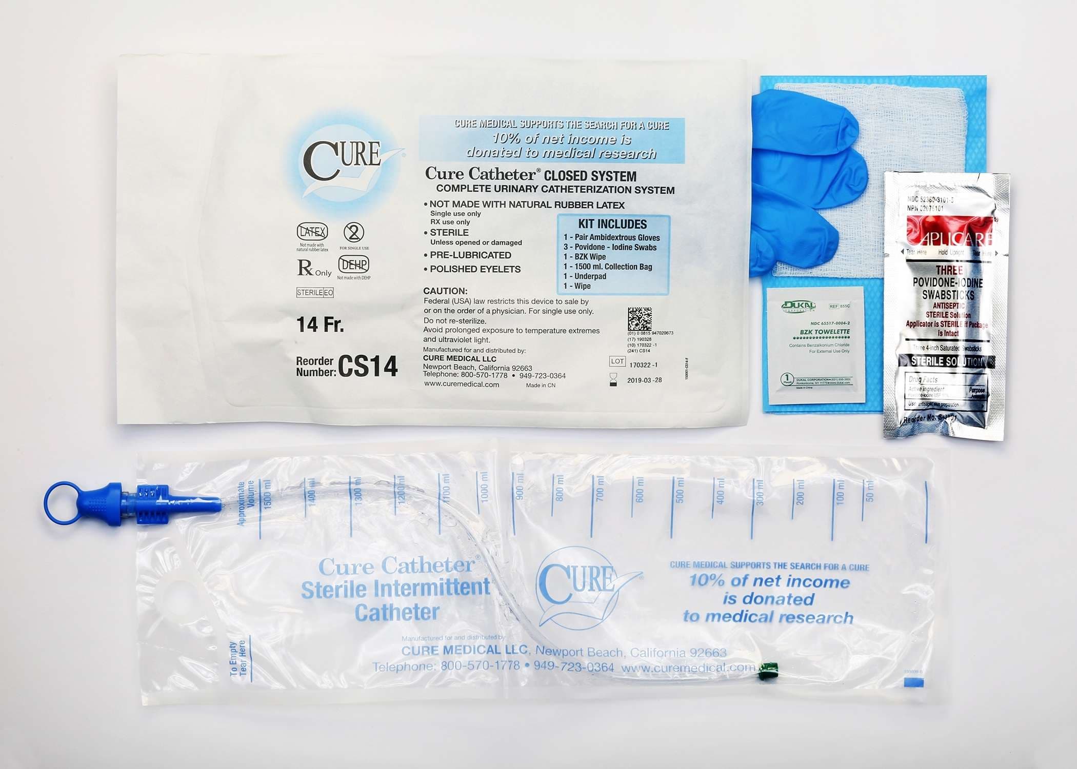 Cure Closed System Intermittent Catheter Kit, 14 Fr - Each - Image 1