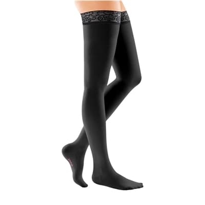 Mediven Comfort Thigh High 20-30mmHg Compression Stocking with Lace Silicone Top Band Standard, Closed Toe, Ebony, SIze VII - Pair - Image 1