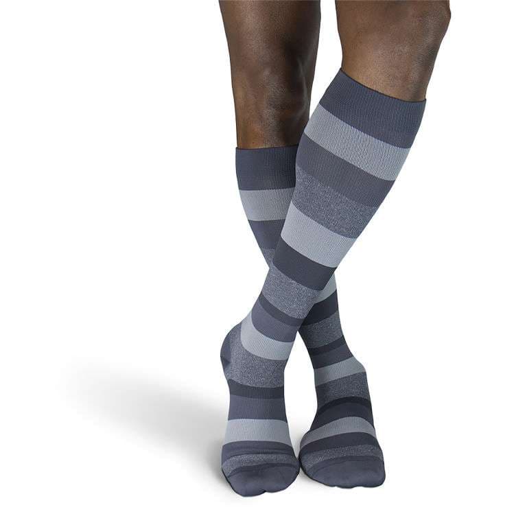 Sigvaris Mens Calf High Microfiber Shades Compression Socks, 15-20mmHg , Size B, Graphite Stripe - Pair - Image 1