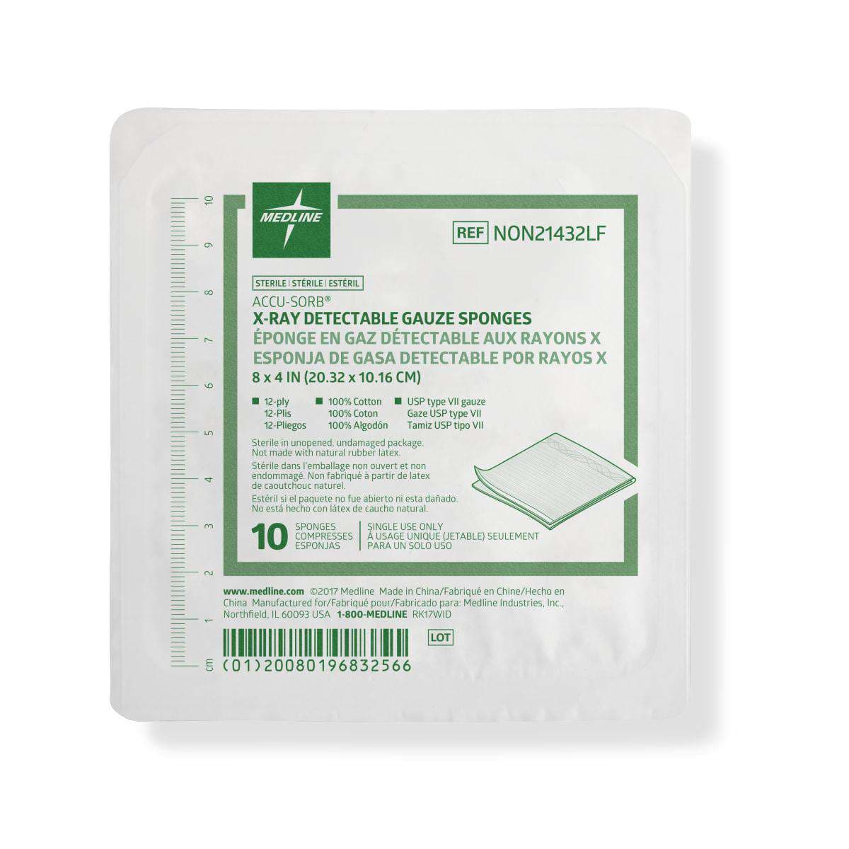 Medline Sterile 100% Cotton X-ray Detectable Gauze Sponges, 12-Ply, 8" x 4" - Case of 800 - Image 1