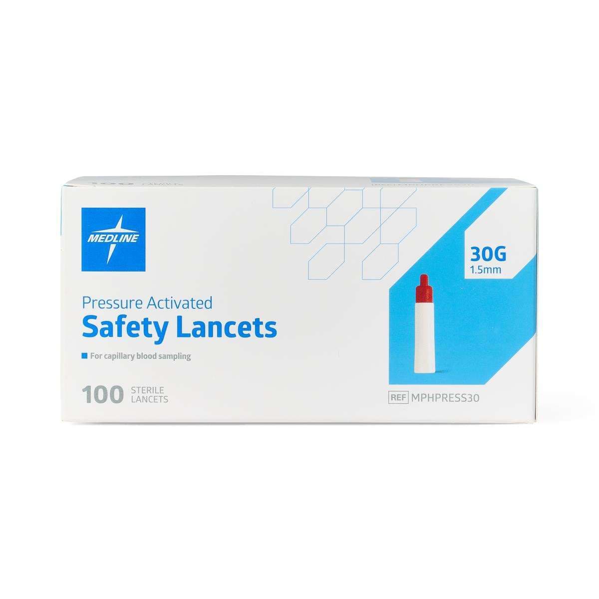Medline Sterile Safety Lancets, with Pressure Activation, 30G x 1.5 mm - Box of 100 - Image 1