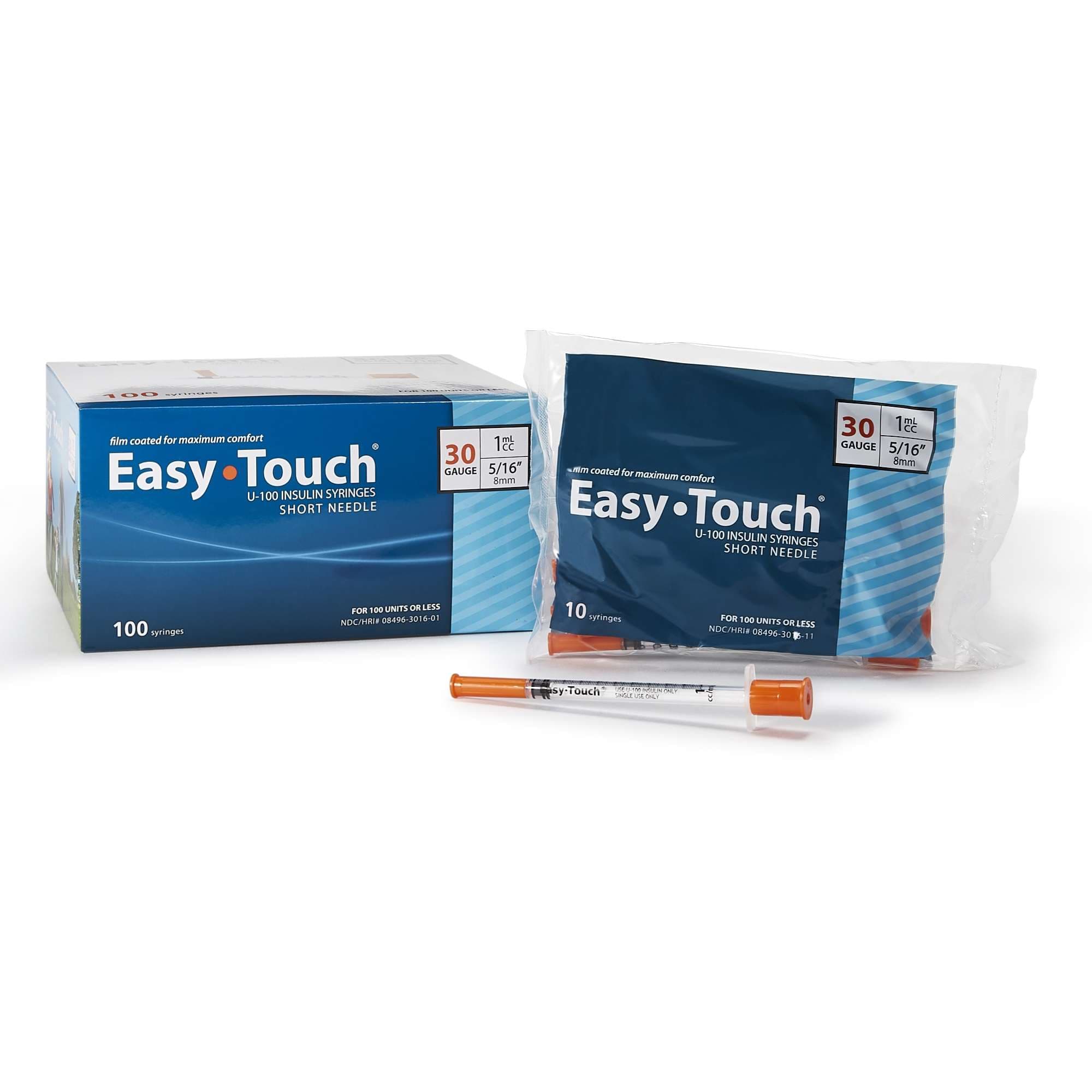 EasyTouch Standard Insulin Syringe with Needle, U-100 Insulin, 1 ml, 30 Gauge, 5/16 Inch, Poly Bag - Box of 100 - Image 1