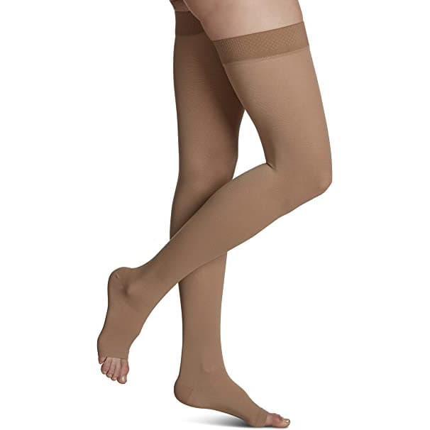 Sigvaris Natural Rubber Open Toe Thigh-High Compression Stockings 40-50mmHg with Grip-Top, Beige, Medium Avg Short - Pair - Image 1