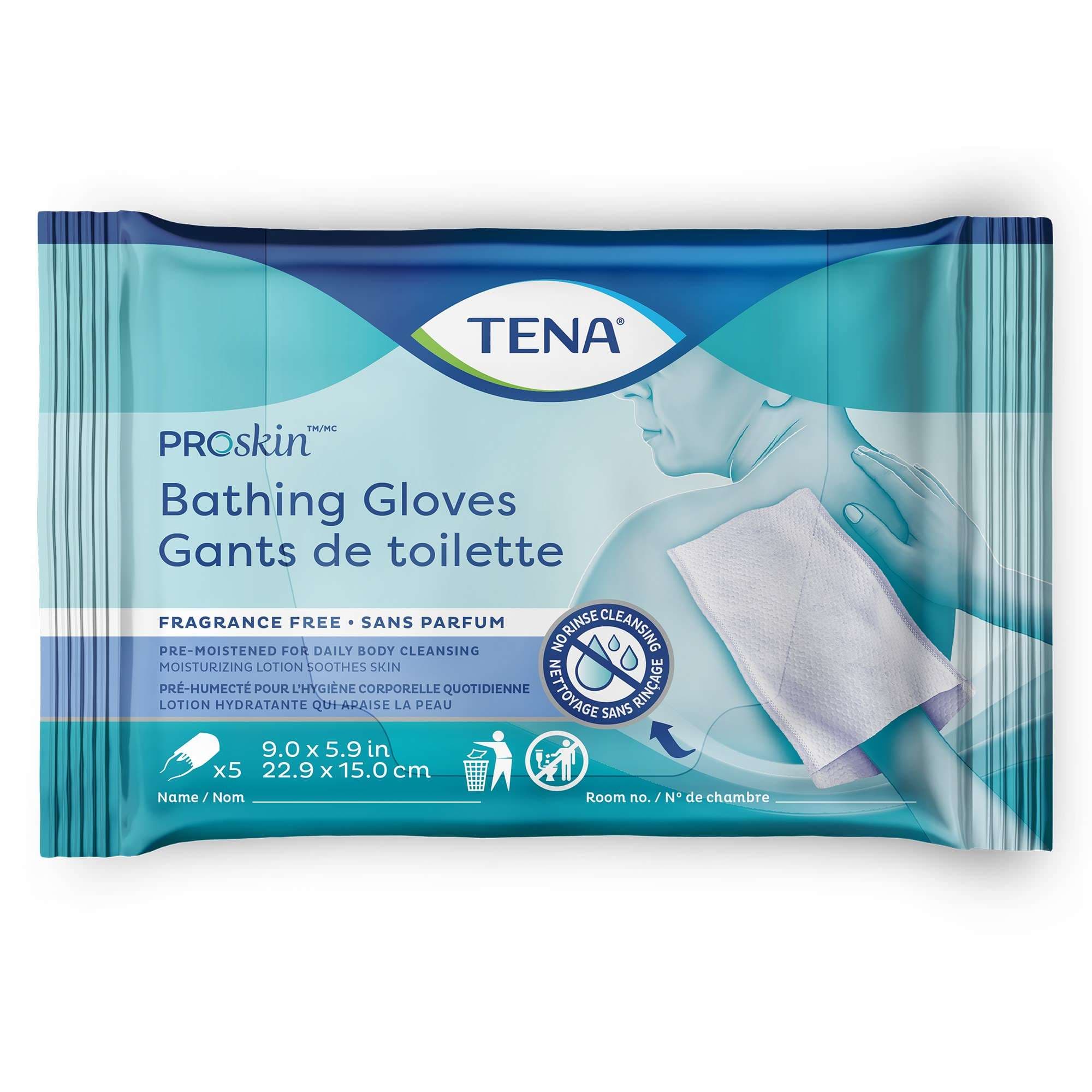 TENA ProSkin Rinse-Free Bathing Glove Wipe, Unscented, 5.9 x 9 Inch - Package of 5 - Image 1