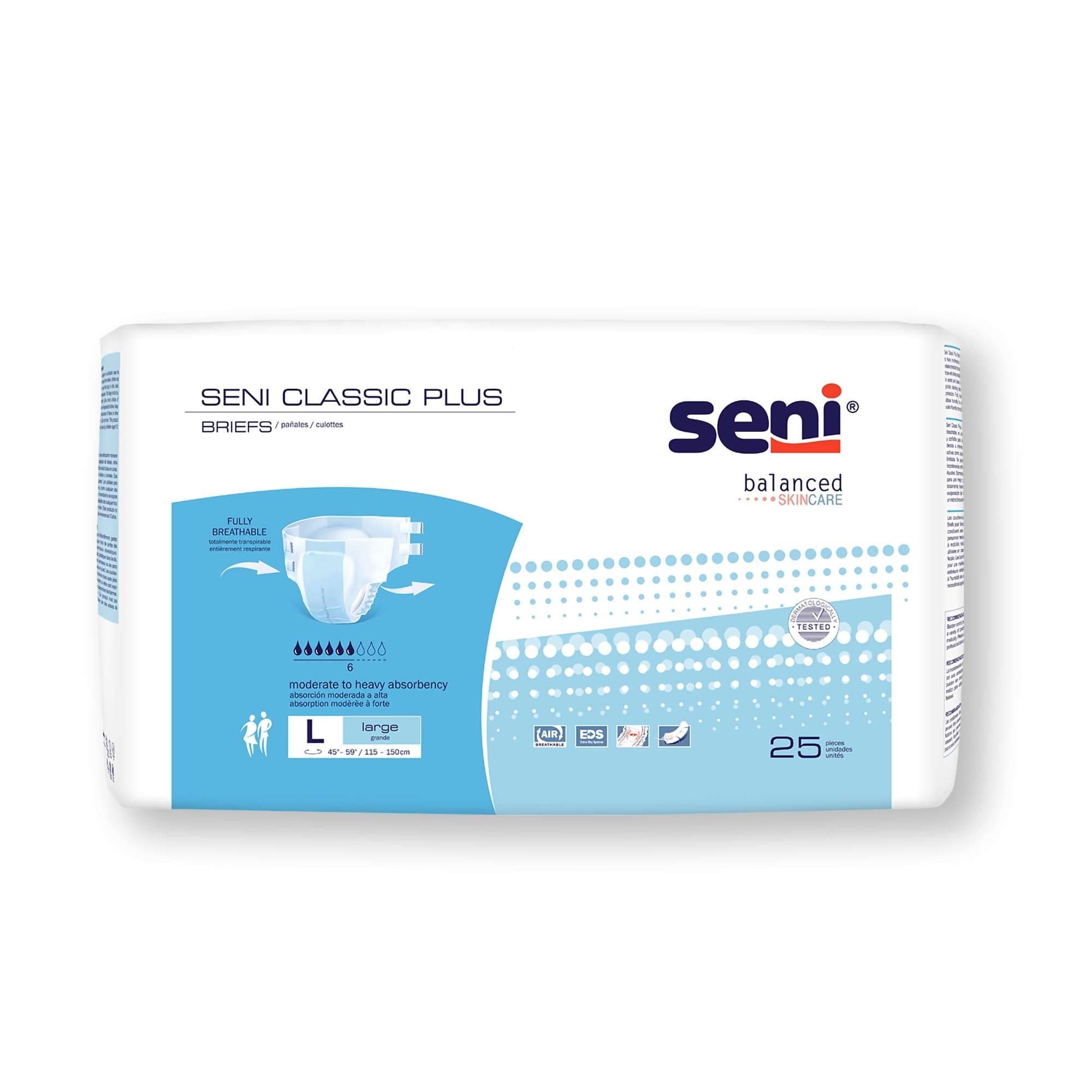 Seni Classic Plus Unisex Adult Incontinence Brief, Large - Package of 25 - Image 1