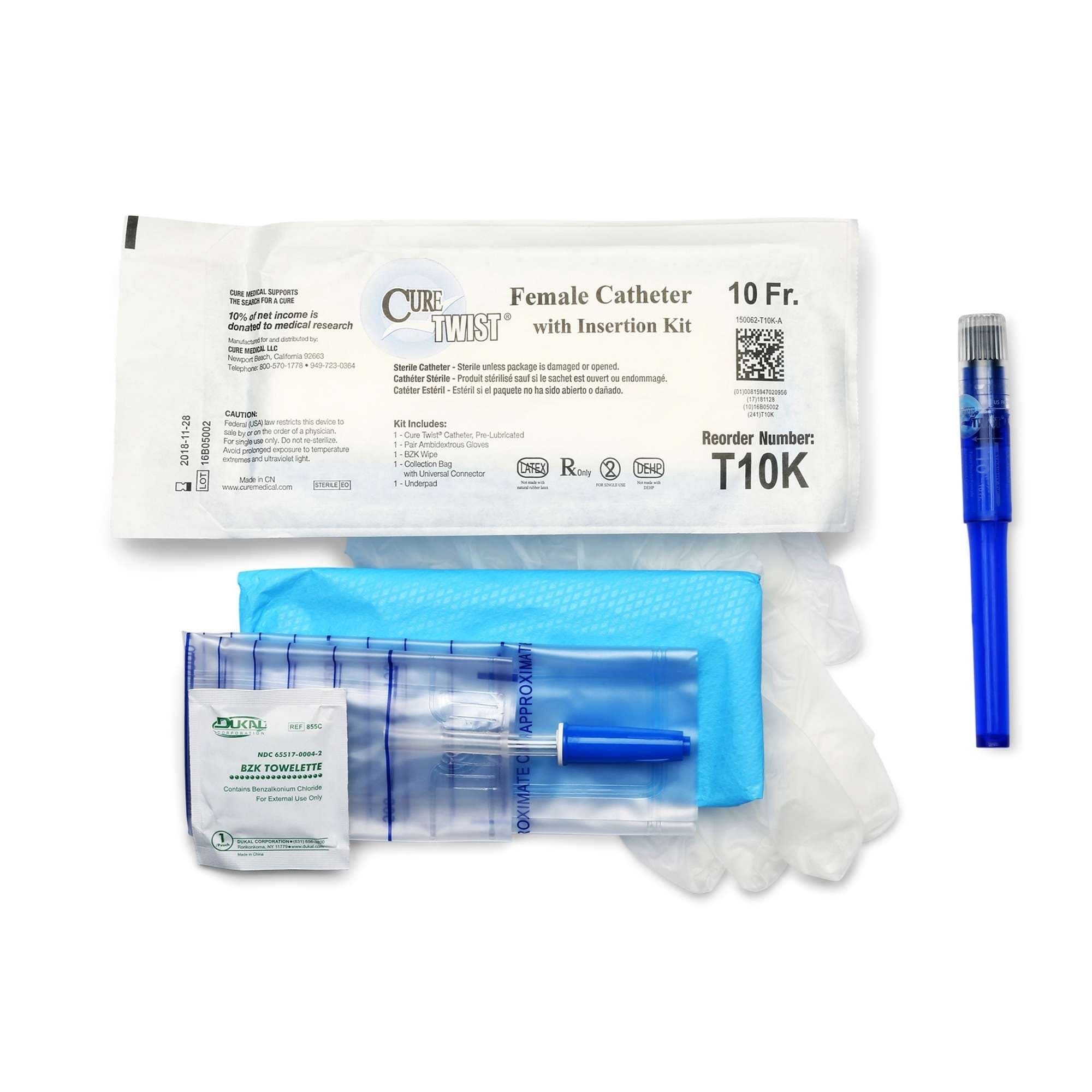 Cure Twist Ready to Use Catheter with insertion kit supplies for Women, 10 Fr - Box of 30 - Image 1