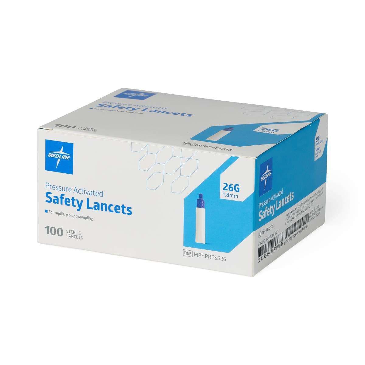 Medline Sterile Safety Lancets, with Pressure Activation, 26G x 1.8 mm - Box of 100 - Image 1