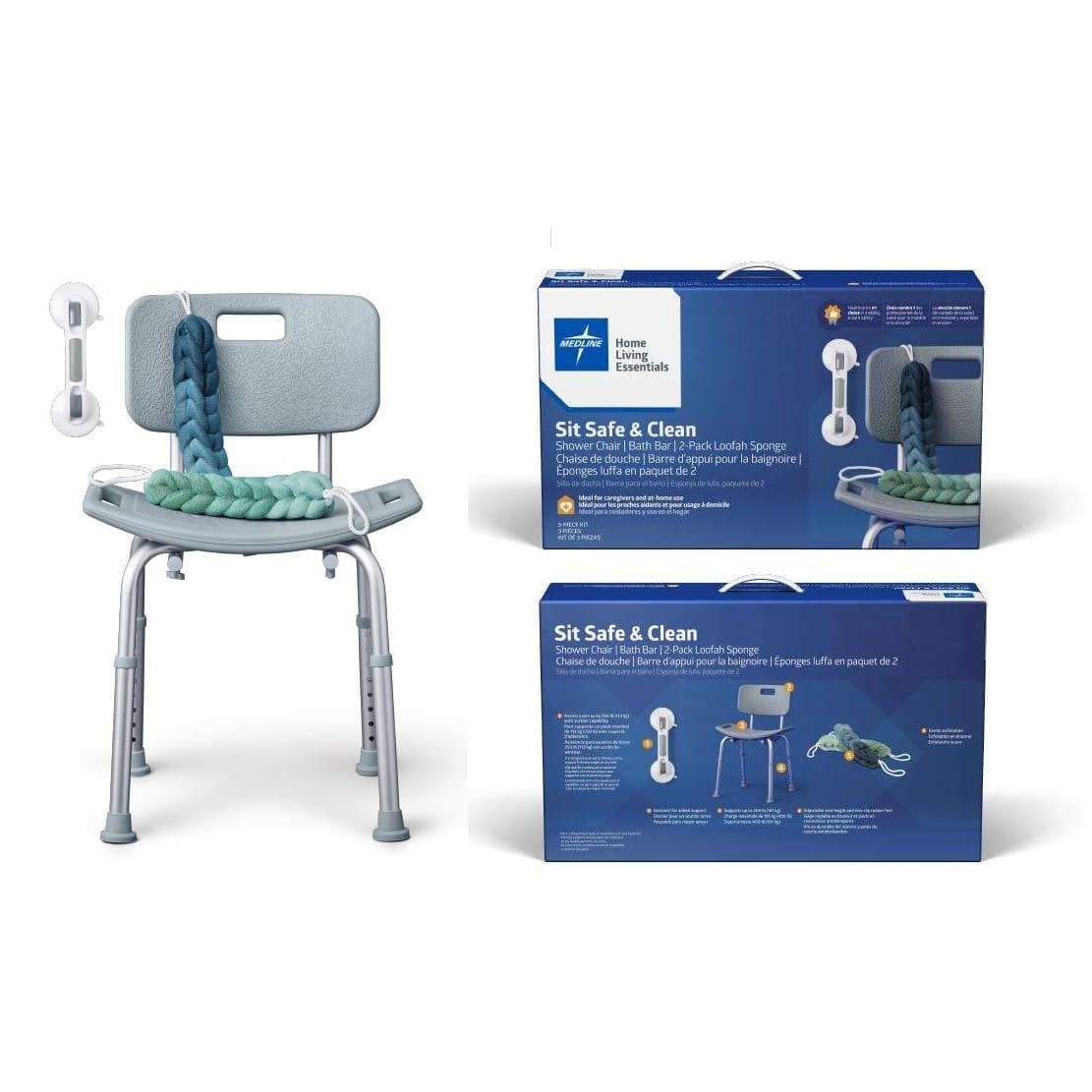 Medline Bathe Safe & Easy Caregiver Kit – Shower Chair with Back, Suction Grab Bar & 2 Loofah