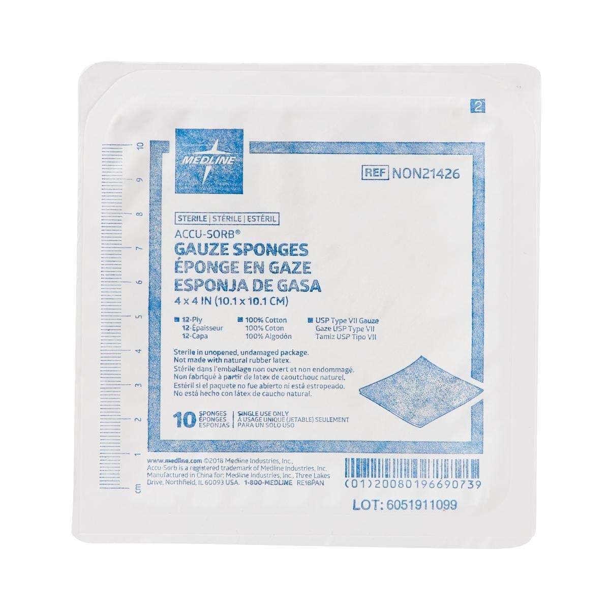 Medline USP Type VII Gauze Sponge White Square, 12 Ply, 4 x 4 Inch - Bag of 10 - Image 1