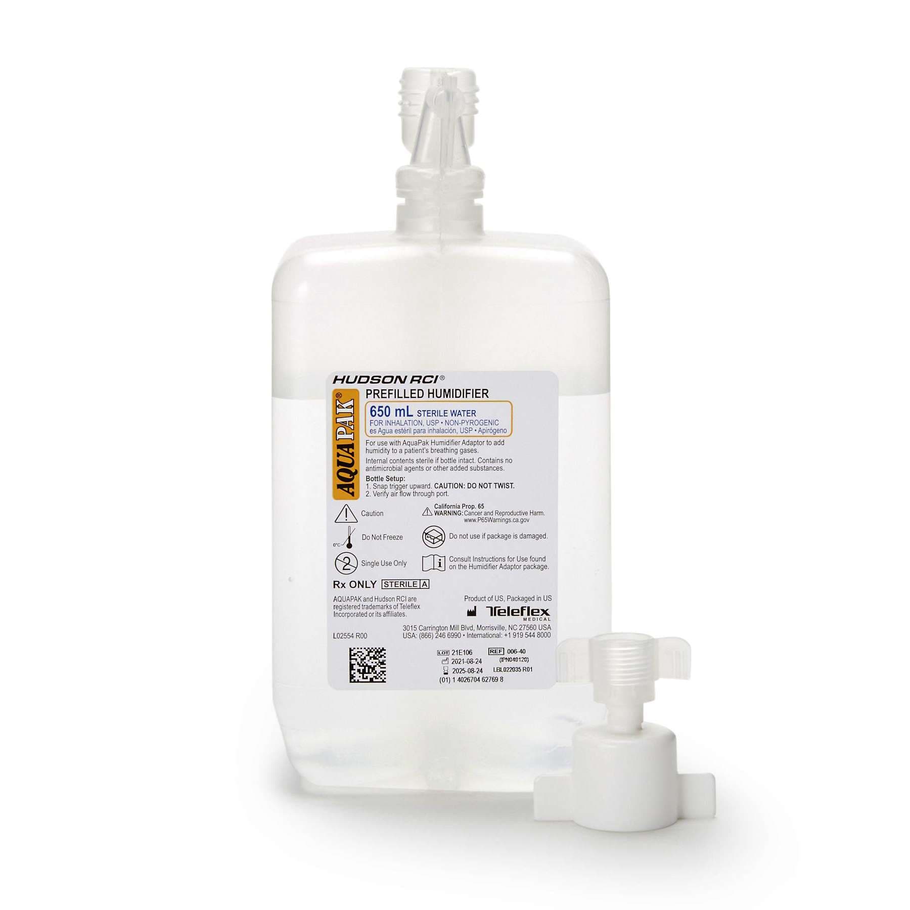 Teleflex Aquapak Sterile Water with Humidifier Adapter, 650 ml - Image 1