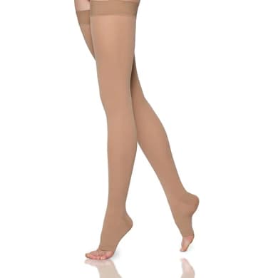 Sigvaris Womens Essential Opaque Thigh-High Compression Stockings 30-40 mmHg, Open Toe, Medium-Short, Crispa - Pair - Image 1