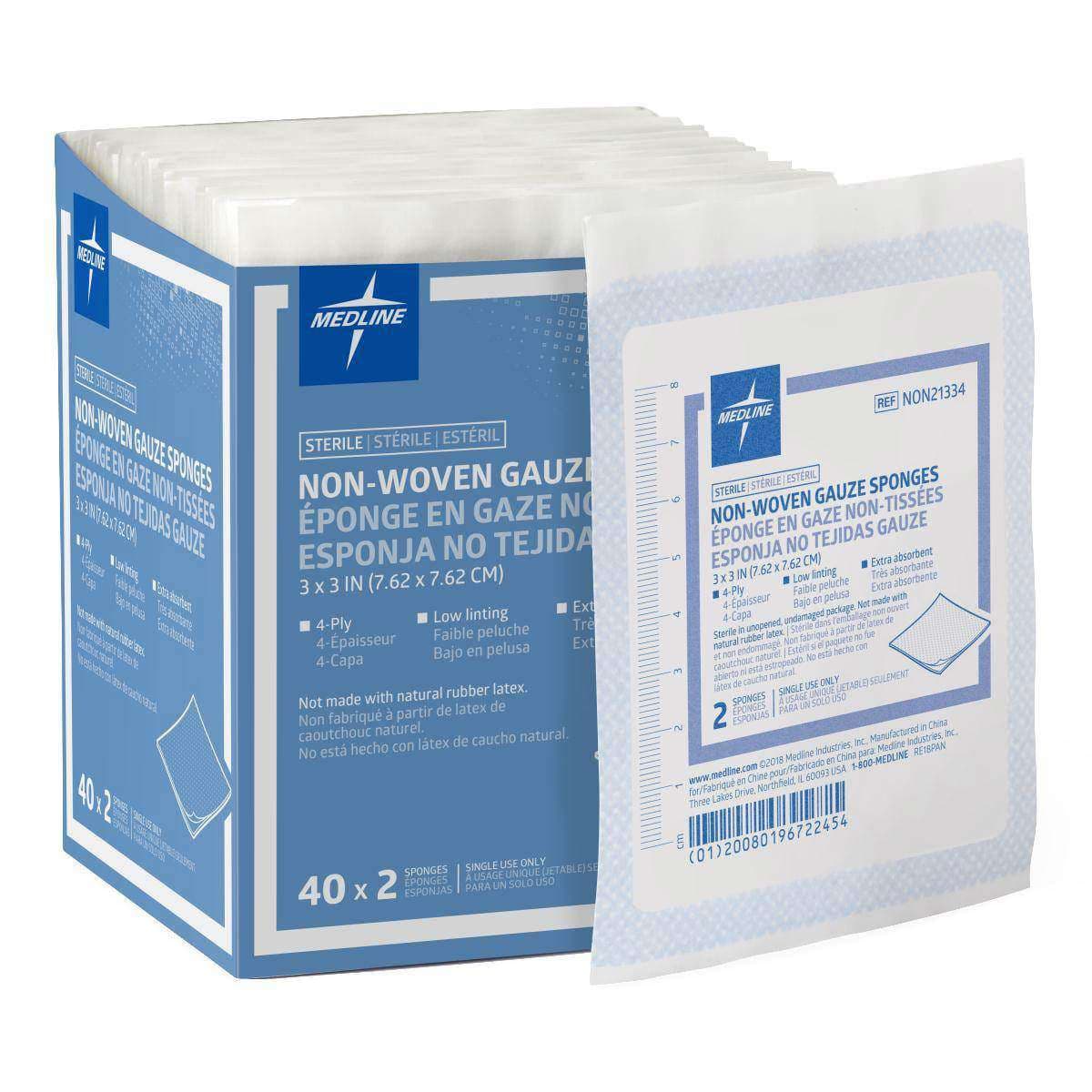 Medline Standard Nonwoven Gauze Sponges, 4 Ply, 3 x 3 Inch - Box of 40 - Image 1