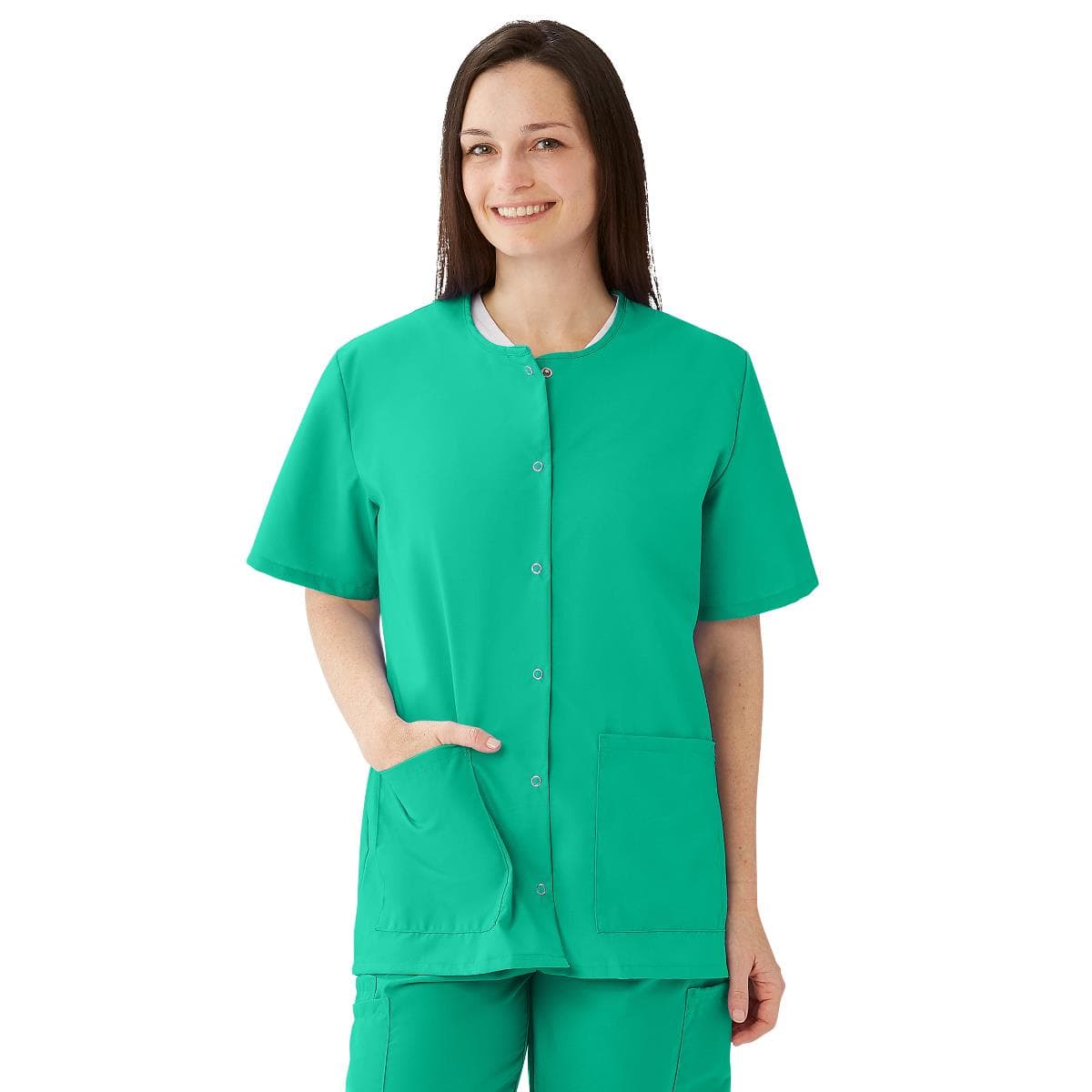 Medline Women's Snap-front Jewel-neckline Scrub Top, Jade, Extra Large - Image 1