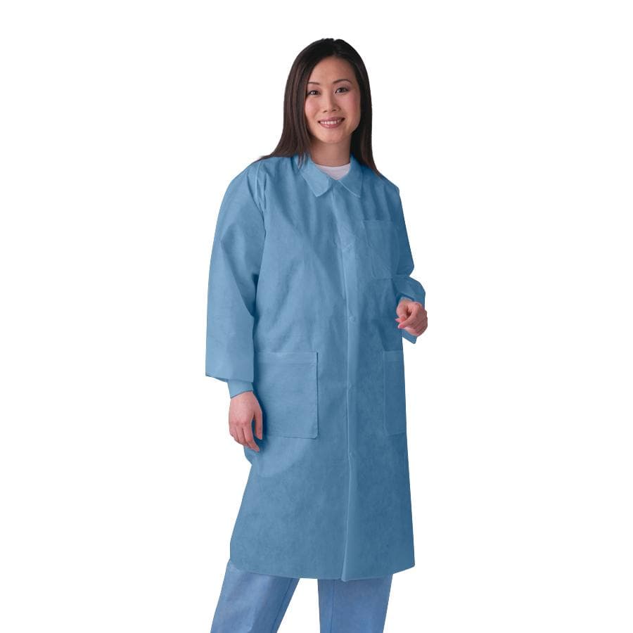 Medline Disposable Knit-Cuff Multilayer SMS Lab Coat with Traditional Collar, Blue, Size S - Bag of 10 - Image 1