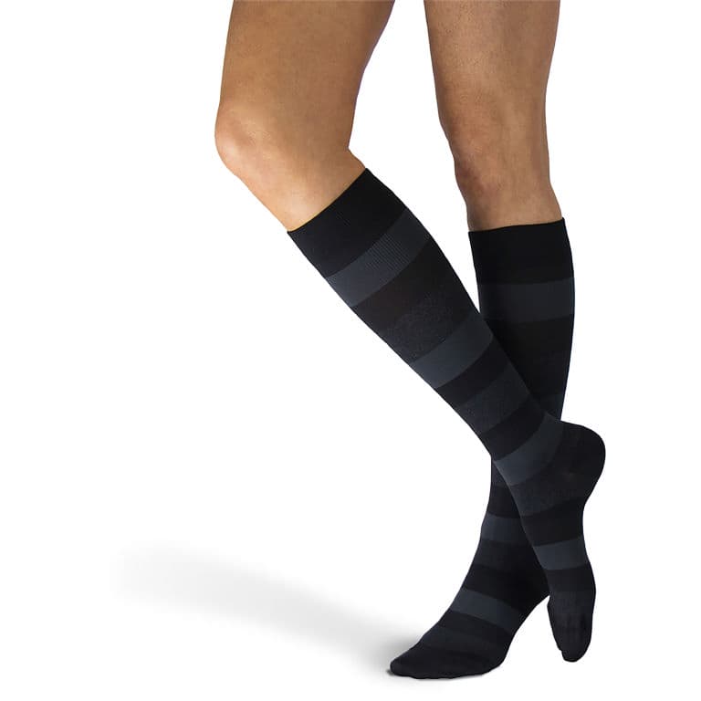 Sigvaris Mens Calf High Microfiber Shades Compression Socks, 15-20mmHg , Size B, Onyx Stripe - Pair - Image 1