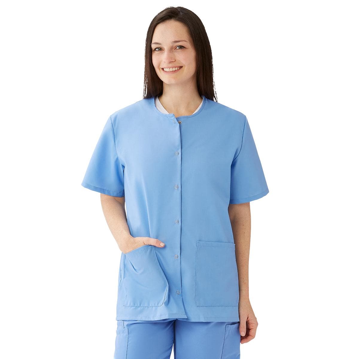 Medline Women's Snap-front Jewel-neckline Scrub Top, Ceil Blue, Large - Image 1
