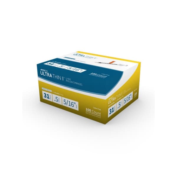 AIMSCO Ultra Thin II Standard U-100 Insulin Syringe with Needle, 31 Gauge, 8 mm, 0.5 mL - Box of 100 - Image 1