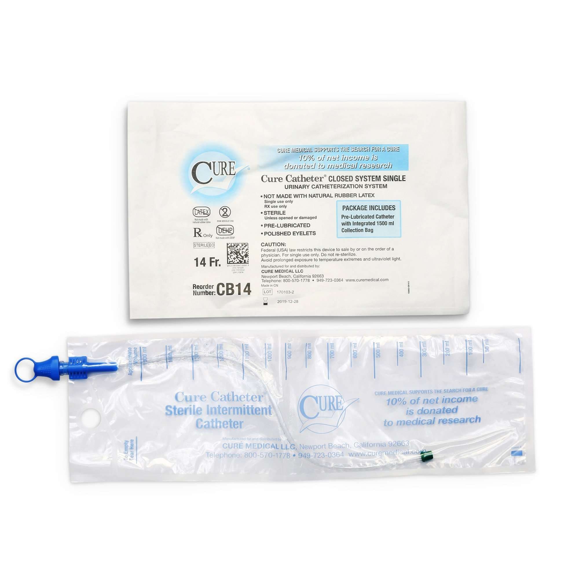 Cure Closed System Intermittent Catheter, 14 Fr - Each - Image 1