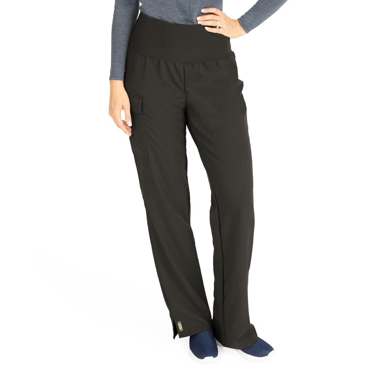 Medline Ocean AVE Women's Stretch Wide Waistband Scrub Pants with Cargo Pocket, Black, Extra Large, Tall - Image 1
