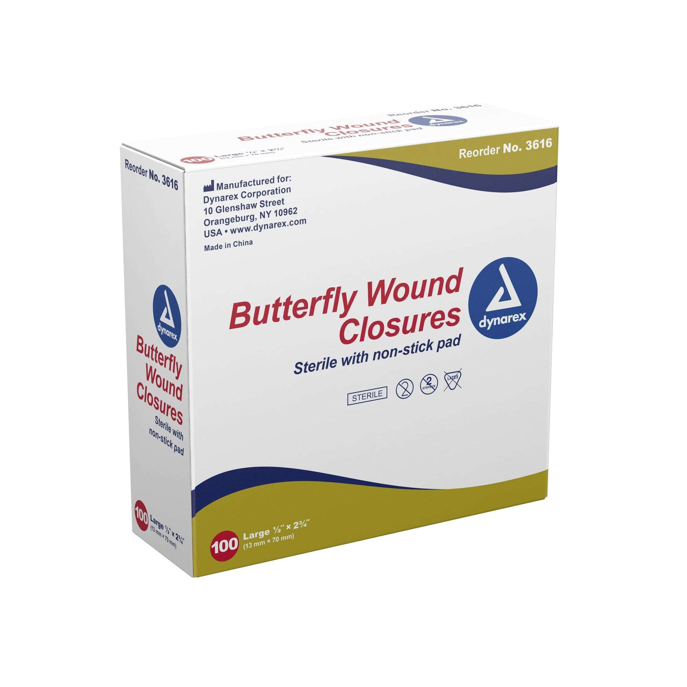 Dynarex Butterfly Wound Closure, 1/2 x 2-3/4 Inch - Box of 100 - Image 1