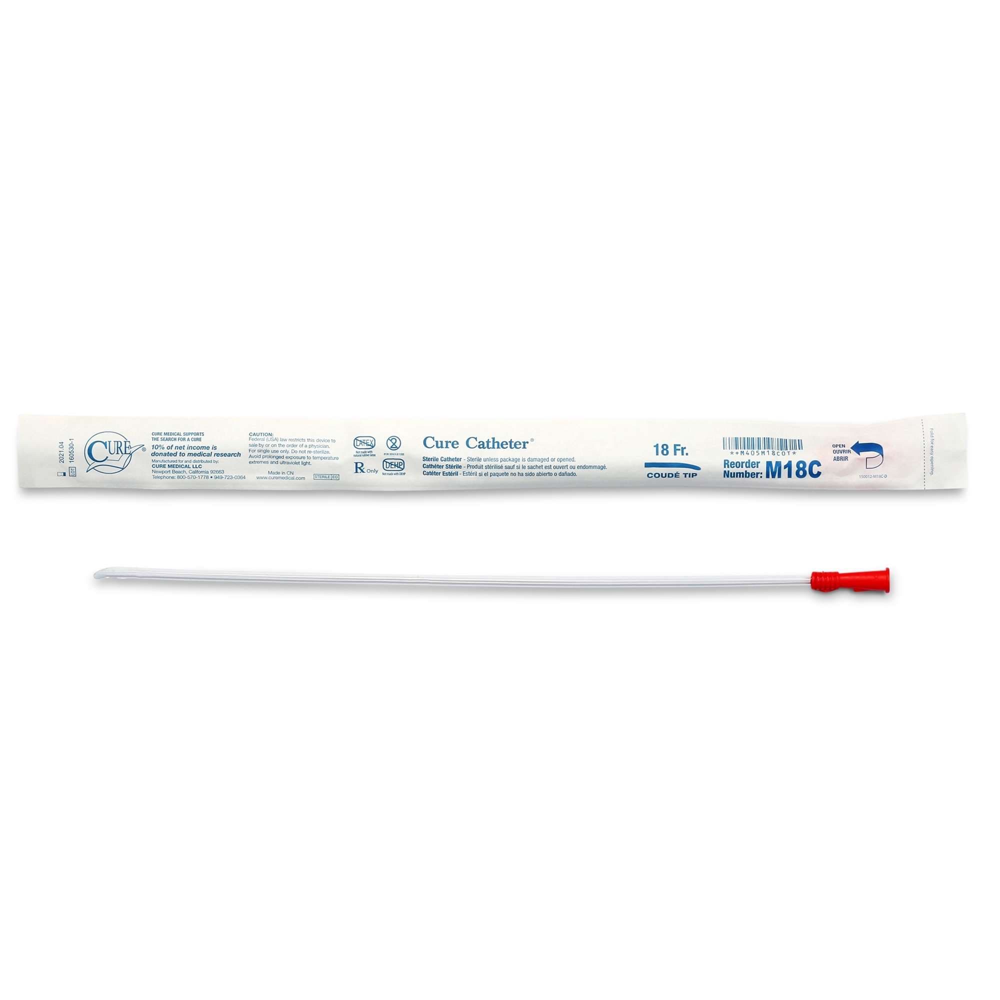 Cure Uncoated PVC Intermittent Catheter for Men, 18 Fr - Each - Image 1