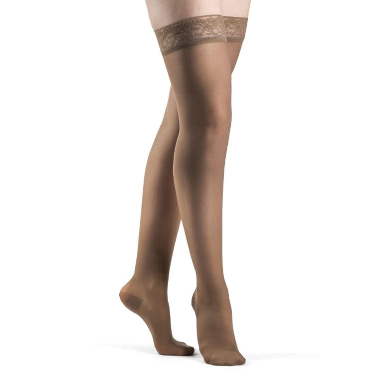 Sigvaris Sheer Fashion Thigh High Compression Stockings 15-20mmHg, Size B, Cafe - Pair - Image 1