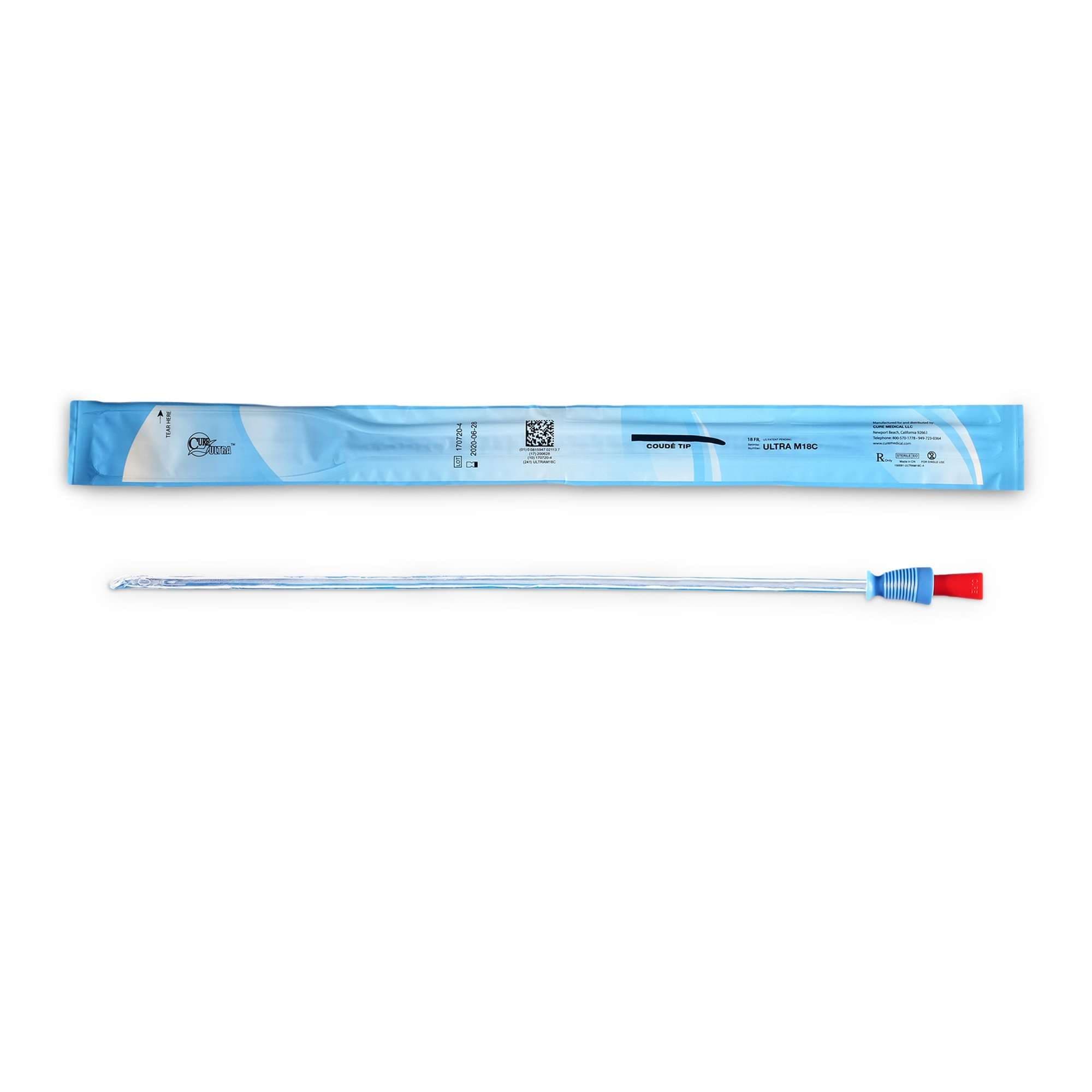 Cure Ultra Ready-to-Use Intermittent Catheter for Men, Coude Tip, Size 18, 18 Fr - Case of 300 - Image 1