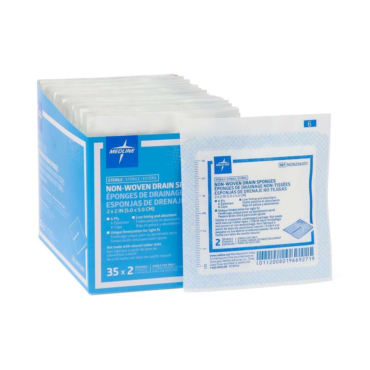 Medline Sterile Nonwoven Gauze Drain Sponges, 2 x 2 Inch - Package of 2 - Image 1