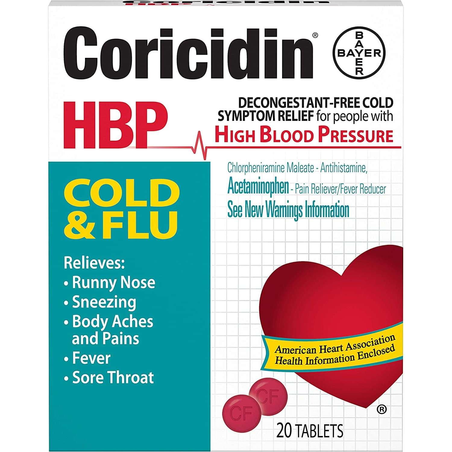 Coricidin HBP Cold & Flu Relief Tablets - Box of 20 Tablets - Image 3