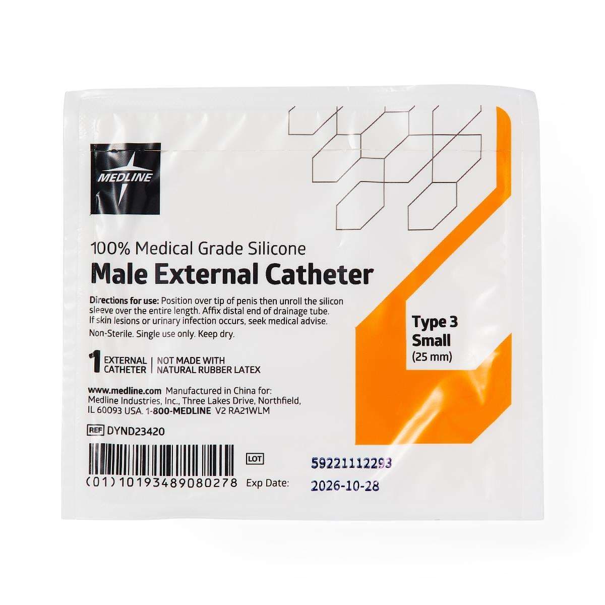 Medline Exo-Cath Type 3 Extended Silicone Male External Catheters, Size S (25 mm) - Case of 30 - Image 1