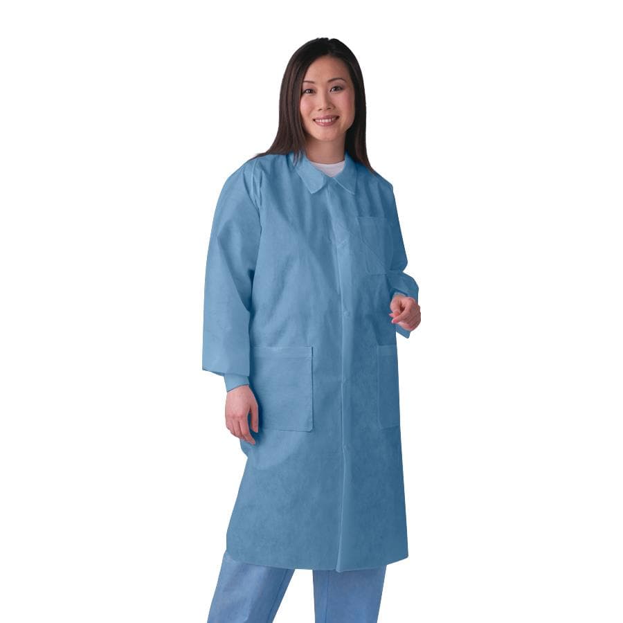 Medline Disposable Knit-Cuff Multilayer SMS Lab Coat with Traditional Collar, Blue, L - Case of 30 - Image 1