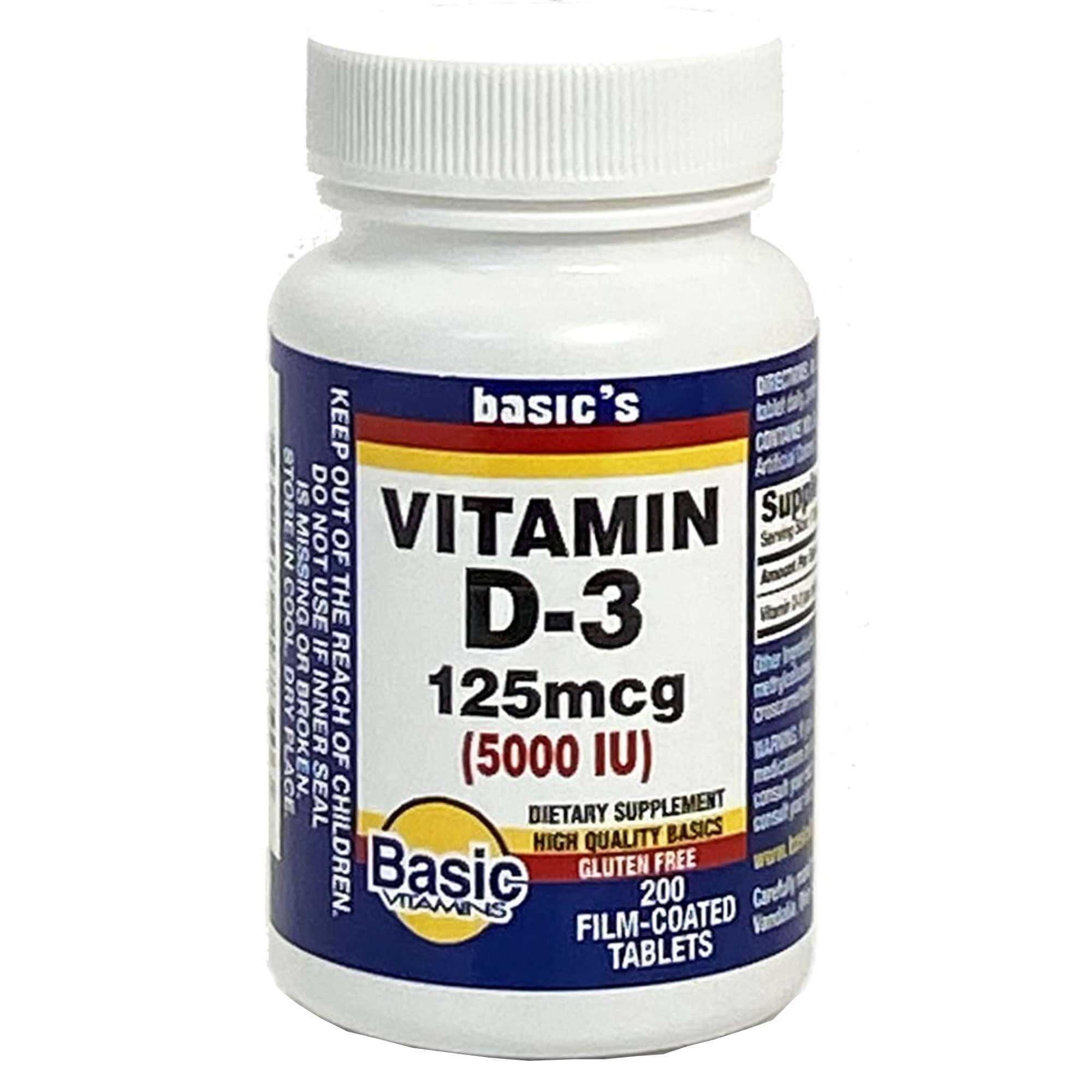 Basic Vitamin D3 Supplement Tablets, 5000 IU Strength - Bottle of 200 - Image 1
