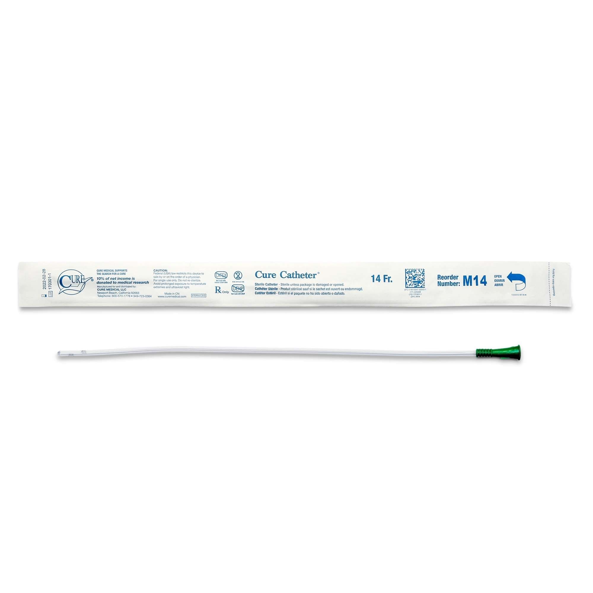 Cure Uncoated PVC Intermittent Catheter for Men, 14 Fr - Each - Image 1
