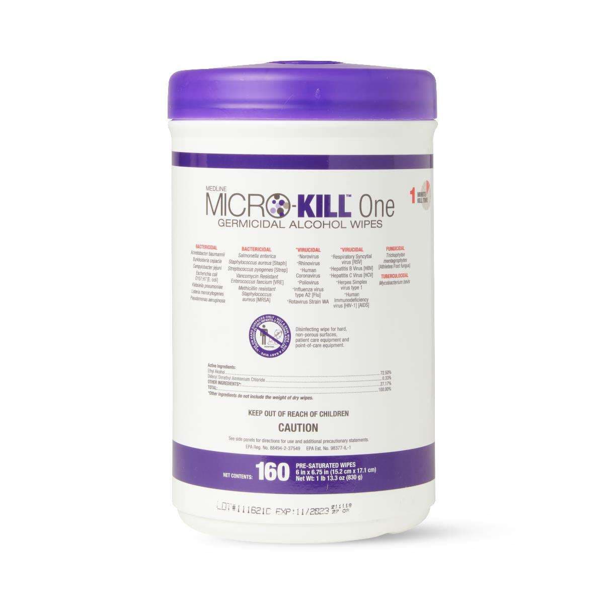 Medline Micro-kill One Germicidal Alcohol Wipes, 6 x 6.7 Inch - Can of 160 - Image 1